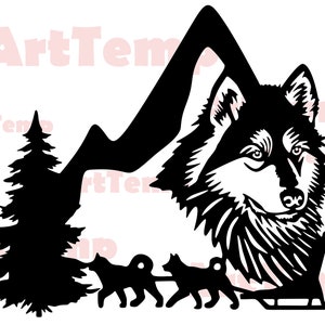 Husky DXF, Dog scene SVG cut file, svg per cricut, dxf per cnc laser, plasma, modello di taglio carta, fauna selvatica husky clipart vettoriale parete in legno arte
