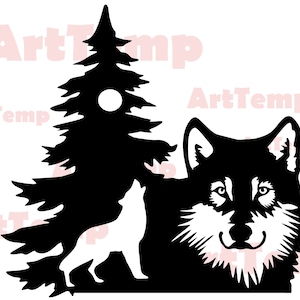 Scena lupo DXF, Animals SVG file di taglio, svg per cricut, dxf per cnc laser, plasma, modello di taglio carta, fauna selvatica clipart vettoriale parete in legno arte