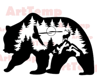 Wildlife bear svg, Animals cut file laser, dxf for plasma, Bear cnc wood wall decor, svg for Cricut, Silhouette dxf, papercut template