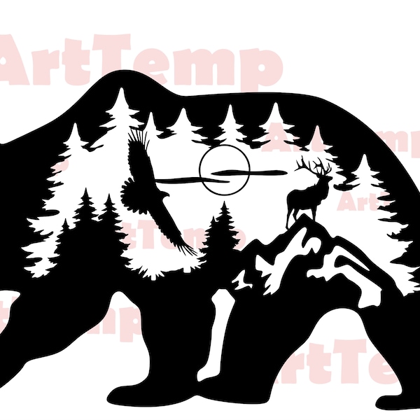 Wildlife bear svg, Animals cut file laser, dxf for plasma, Bear cnc wood wall decor, svg for Cricut, Silhouette dxf, papercut template