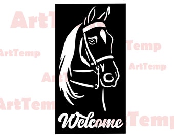 May include: Black and white silhouette of a horse's head with a bridle on a black background. The text "Welcome" is below the horse's head.