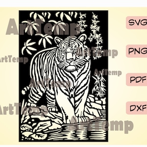 Tiger Svg Cut File, tropical leaves svg, Tiger Clipart, Africa Wild Life, plasma dxf file, laser wood art, Cricut, T-shirt design, metal art