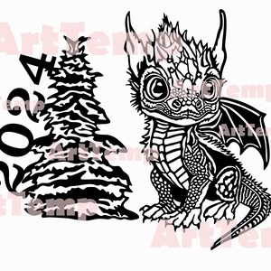 Dragón de Navidad svg, adorno de Año Nuevo 2024 Archivo de corte DXF, decoración láser de madera, dxf para plantilla vectorial de corte de papel cnc de plasma, imágenes prediseñadas de Año Nuevo
