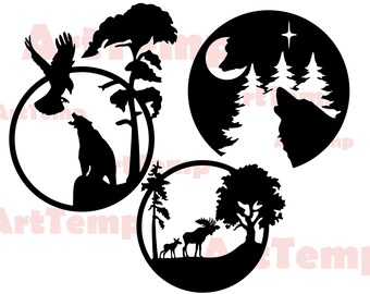 May include: Black silhouette designs of wildlife scenes within circular frames. One shows a bear howling with an eagle above, another a wolf howling at the moon, and the last an elk with a calf.