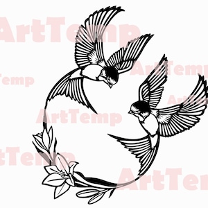 Andorinhas em flores svg, arquivo de corte DXF de estaca de árvore a laser, dxf para plasma, pássaro em um galho decoração de parede de madeira cnc, svg para Cricut, silhueta dxf
