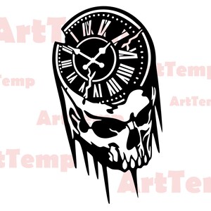 Könnte beinhalten: Schwarz-weiße Grafik eines Schädels mit einem Zifferblatt. Die Uhr hat römische Ziffern und Zeiger, die auf 2:10 Uhr zeigen. Das Schädeldesign hat einen tropfenden Effekt und erzeugt eine einzigartige, gotische Ästhetik.
