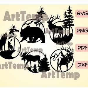 Scena della fauna selvatica SVG, animali DXF file di taglio in formato SVG per cricut, dxf per laser cnc, plasma, modello papercut, arte della parete in legno vettoriale clipart della fauna selvatica