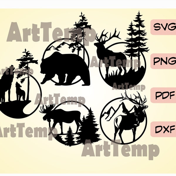 Wildlife scene SVG, Animals DXF cut file svg for cricut, dxf for laser cnc, plasma, papercut template, wildlife clipart vector wood wall art