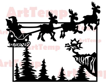 Christmas scene SVG, santa claus DXF Cut file, Silhouettes dxf, Cricut clipart, dxf for plasma, Printable art, winter papercut Vinyl vector