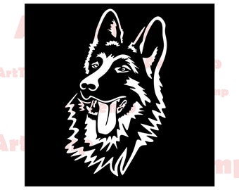 Puede incluir: Silueta en blanco y negro de un perro pastor alemán con la lengua fuera. El perro mira hacia la derecha.