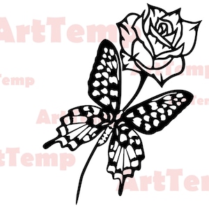 Papillon sur une rose svg pour cricut, fleur svg, modèle papercut, clipart floral, monogramme vectoriel, sticker dxf silhouettes, svg papillon