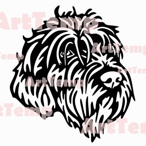 May include: Black and white line art illustration of a dog's head. The dog has a shaggy coat and a long snout.