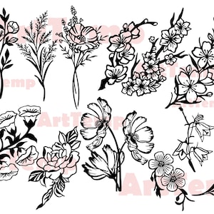 Bouquet minimalista svg, flores silvestres svg, floral svg, Silhouettes dxf calcomanía, Herbarium dxf, botanical svg, plantas de campo svg, plasma dxf