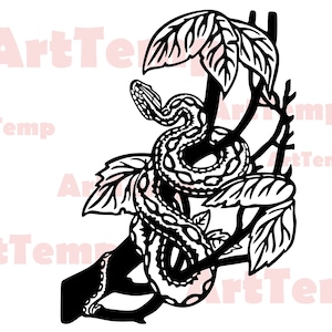 May include: Black and white illustration of a snake coiled around a branch with leaves. The snake has a detailed pattern, and the leaves and branches are silhouetted.