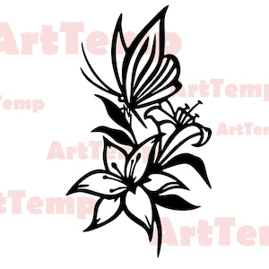 Papillon sur le svg de lis pour cricut, svg de fleur, modèle de papercut, clipart floral, monogramme vectoriel, décalque de Silhouettes dxf, svg de papillon