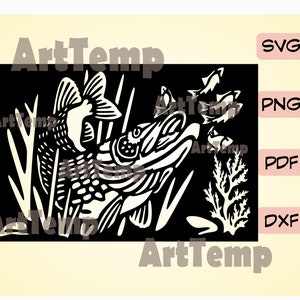 Luccio SVG, file di taglio DXF di pesce, SVG per cricut, DXF per laser cnc, plasma, modello papercut, arte della parete in legno vettoriale clipart della fauna selvatica, pesce SVG