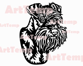 Puede incluir: Ilustración en blanco y negro de la cabeza de un Schnauzer. El perro tiene una barba y cejas espesas.