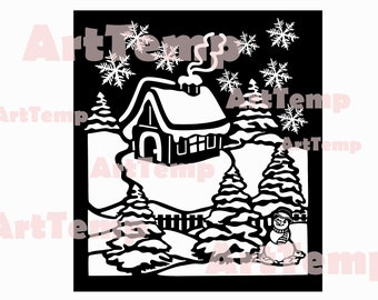 Christmas scene SVG, Snowflake DXF Cut file, Silhouettes dxf, Cricut clipart, dxf for plasma, Printable art, winter papercut Vinyl vector
