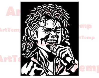 May include: Black and white silhouette of a person singing into a microphone. The person has long, curly hair and is wearing a jacket.