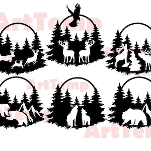 6 Scena della fauna selvatica SVG, Animali DXF file di taglio, svg per cricut, dxf per cnc laser, plasma, modello taglio carta, fauna selvatica clipart vettoriale parete in legno arte