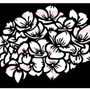 May include: A black and white illustration of a cluster of flowers. The flowers are stylised and have a simple design.