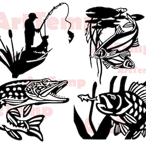 Scena di pesca SVG, file di taglio DXF di pesce, svg per cricut, dxf per cnc laser, plasma, modello di taglio della carta, arte murale in legno vettoriale clipart fauna selvatica
