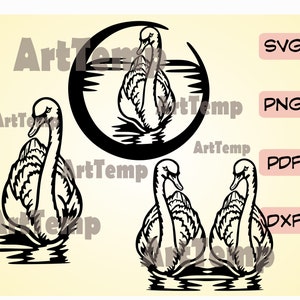 Scena del cigno DXF, file di taglio Swan SVG, svg per cricut, dxf per laser cnc, plasma, modello papercut, arte della parete in legno vettoriale clipart della fauna selvatica del lago