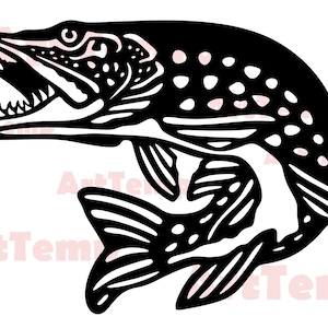 Luccio SVG, file di taglio DXF di pesce, SVG per cricut, DXF per laser cnc, plasma, modello papercut, arte della parete in legno vettoriale clipart della fauna selvatica, pesce SVG