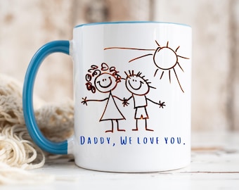 Personalised Childrens Drawing Mug, Design your own mug, Custom Illustrated Gift from children, Fathers Day gift, Christmas Blue Mug for Dad