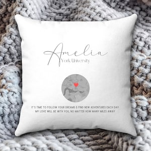 May include: White throw pillow featuring the text "Amelia York University" and a map with a red heart. The text below the map reads "It's time to follow your dreams & find new adventures each day. My love will be with you, no matter how many miles away."