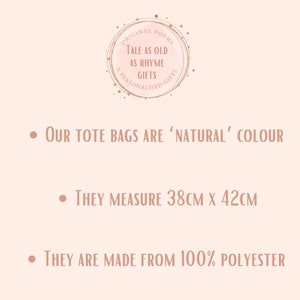 May include: A tote bag made from 100% polyester. The bag is natural in color and measures 38 inches by 42 inches. The text on the image reads "Original Poems Tale as Old as Rhyme Gifts & Personalised Gifts".