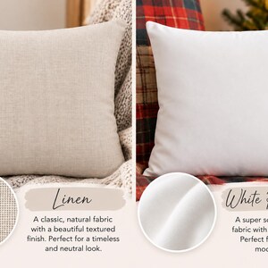 May include: Two square throw pillows are displayed side by side. The left pillow is made of a beige linen fabric with a visible woven texture. The right pillow is made of a smooth, solid white peachskin fabric with a soft matte finish.