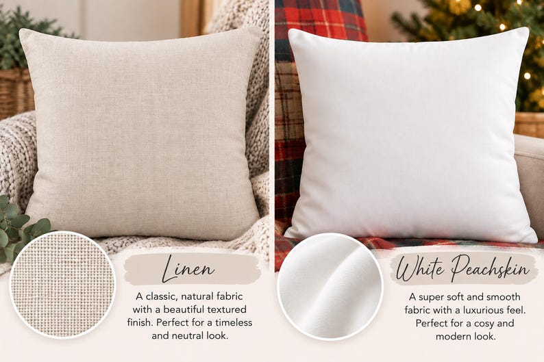 May include: Two square throw pillows are displayed side by side. The left pillow is made of a beige linen fabric with a visible woven texture. The right pillow is made of a smooth, solid white peachskin fabric with a soft matte finish.