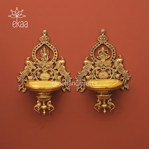 Brass Ganesh Laxmi Diya for Home Temple, Lord Ganesha Lakshmi Oil Wick Diya, Indian Handcrafted Deepak for Home Temple Decor Lamp (Set of 2)