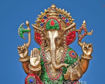 Gran estatua de Ganesha de latón con mampostería, Ganesh grande para el hogar, Ganesh para el templo, estatua de Ganesh de latón, estatua del dios hindú, latón de la estatua de Ganesha