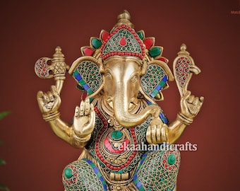 Messing Lord Ganesha Statue 34 CM | Hindu Gott des Glücks Und des Wohlstandes | Tempel und Wohnkultur | Indische spirituelle Kunst & Geschenkideen