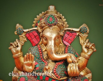 Lord Ganesha Statue Brass, Ganesha Stonework on Singhasan for Temple Pooja Ganesha Idol for Decor, Hindu God of Luck, Ganpati Murti