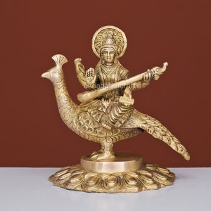 Déesse Saraswati 23 cm sur paon avec Veena, statue en laiton de Saraswati Maa, déesse hindoue de la fortune, connaissance, musique, art, Laxmi Maa