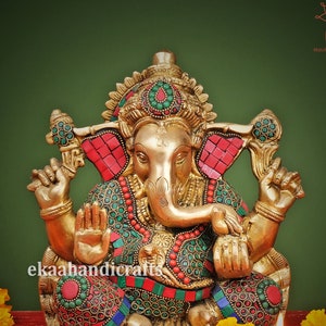 Lord Ganesha Statue Brass, Ganesha Stonework on Singhasan for Temple Pooja Ganesha Idol for Decor, Hindu God of Luck, Ganpati Murti