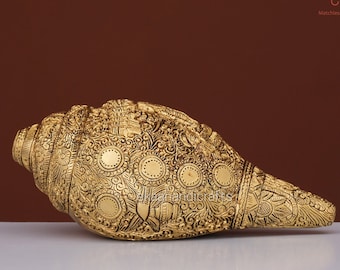 Brass Vishwaroopam Shankh – Sacred Lord Vishnu Conch with Dashavatar Carvings | Hindu Ritual Shankh, Religious Decor, War Trumpet Emblem