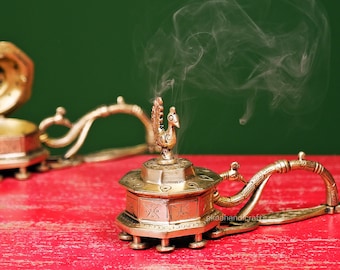 Engraved Brass Incense Burner: Dhoop Box Prayer Lamp