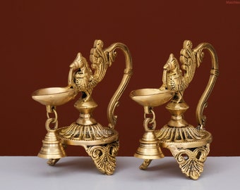 Annam Bird Diya with Bell in Brass for Home Temple, Oil Wick Diya Pair, Indian Handcrafted Deepak for Home Decor Handmade Lamp (Set of 2)