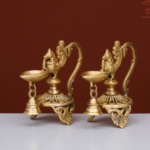 Handmade Brass Bird Diya Lamp Pair, Indian Temple Decor,Diya for home