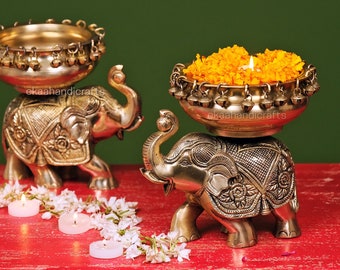 Luxury Elephant Urli Brass bowl décor Intricate design Urli-Floating Flowers Candle Handcrafted Vessel for Diya Indian Art, Ethnic Showpiece