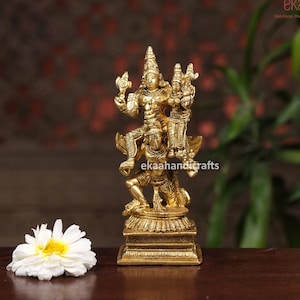 Lord Vishnu Lakshmi on Garuda Brass Idol | Small Vishnu Lakshmi Statue for Temple | Hindu God Statue for Home Mandir Religious Gift Figurine