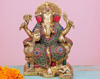 Ganesha Statue on Sinhasan, Mosaic Stonework Ganesha Idol Home Decor, Unique Ganesha Statue, Modern Vinayaka Statue, Indian Brass Sculpture