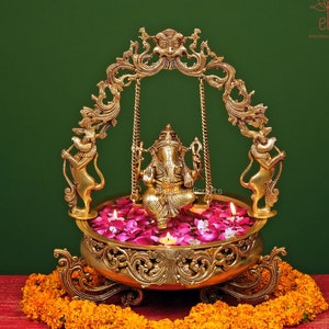 Urli Brass with Ganesha, 51CM Lord Ganesha Idol on Swing, Traditional Home Decor, Indian Uruli Bowl Religious Decor, Handcrafted Ganesh Urli