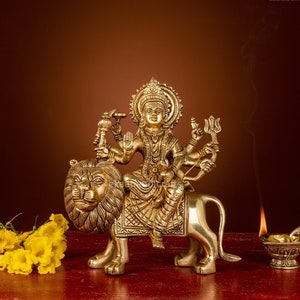 Brass Statue Of Durga Maa Idol, 24 CM Big Size Durga Statue in Brass, Durga Idol Sitting on Lion, Temple Murti Hindu Goddess of Protection