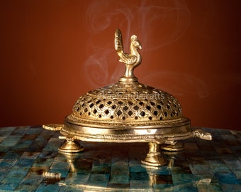 Peacock Incense Dhoop Burner on a 3 legged Tortoise, Temple Diya, Incense Stick holder, Diwali Gift, Prayer Lamp, Home Fragrance