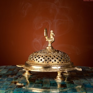 Peacock Incense Dhoop Burner on a 3 legged Tortoise, Temple Diya, Incense Stick holder, Diwali Gift, Prayer Lamp, Home Fragrance